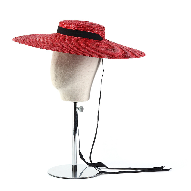 Bucket Hat Straw - 幅15cmの麦わら帽子,女性用フラットトップ,リボン付きビーチハット,サンハット,グレー,ブラック,レッド,ピンク,ブルー,チンストラップ付き