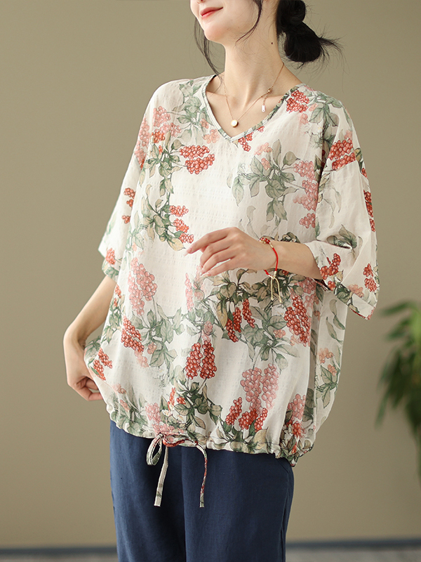 Short Linen Drawstring - 夏用ルーズコットンリネンプリントTシャツ、大きいサイズ、レディース、多用途Vネック、半袖、ドローストリングボトム、カジュアルトップス