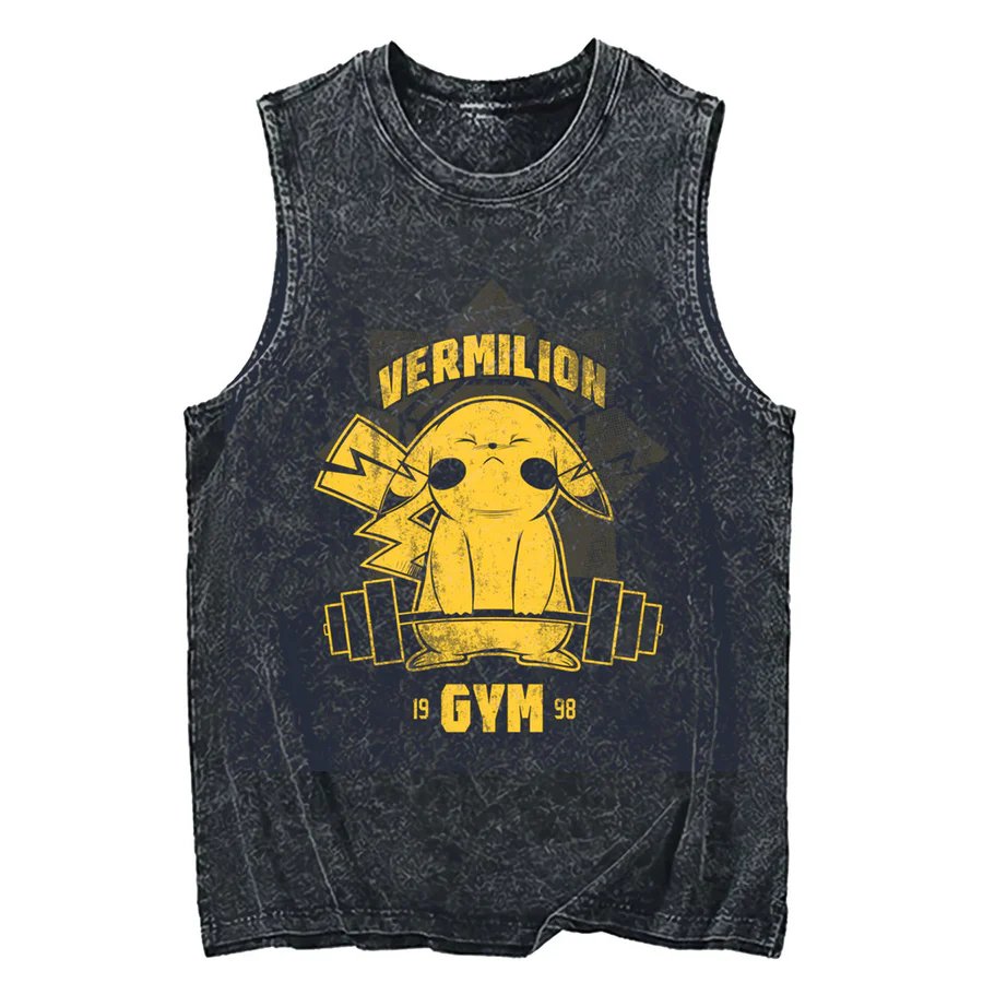 Tank Top Muscle - 2026年ポケモン ピカチュウ アシッドウォッシュ タンクトップ、「ピカハゲ」ボディビルディングプリント、オーバーサイズコットンストリートウェアワークアウトノースリーブTシャツ