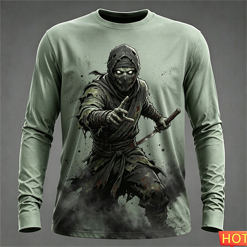 Tee Graphic Print - 秋冬メンズ長袖Tシャツ ハロウィン 3Dサムライ ストリートTシャツ トップス コットン