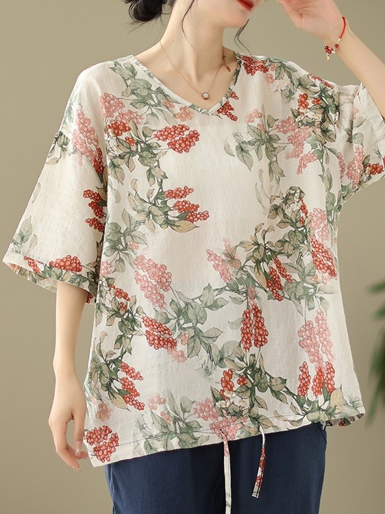 夏用ルーズコットンリネンプリントTシャツ、大きいサイズ、レデ - Short Linen Drawstring のレビューと価格