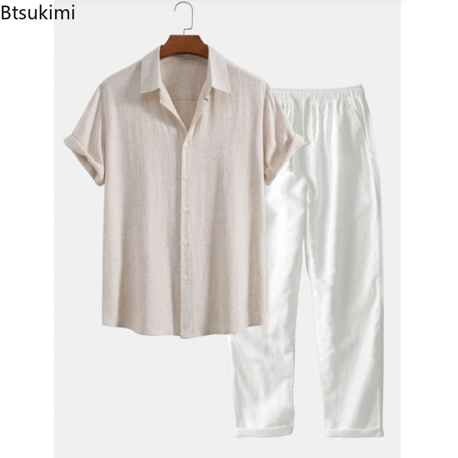 2026年メンズファッション無地ビーチツーピースセット夏軽量 - Short Linen Drawstring のレビューと価格