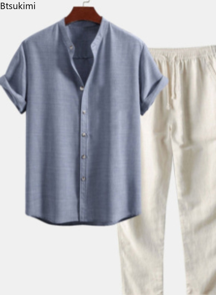 2026年メンズファッション無地ビーチツーピースセット夏軽量 - Short Linen Drawstring のレビューと価格