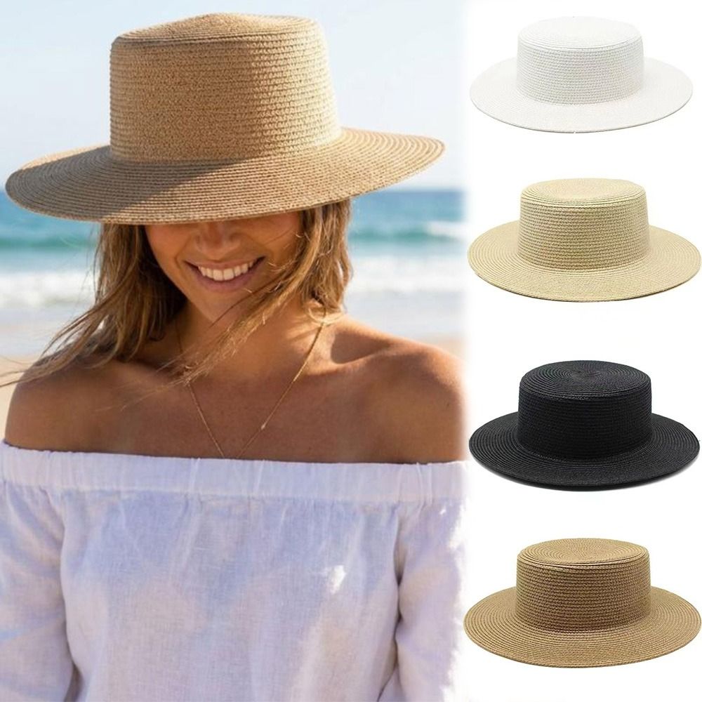 おしゃれなつば広麦わら帽子 手編み麦わらフラットトップ日よけ - Bucket Hat Straw のレビューと価格
