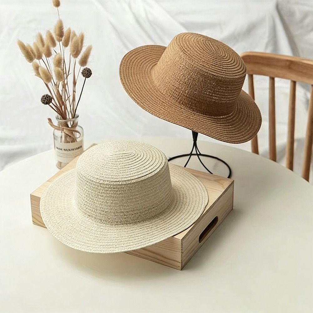 おしゃれなつば広麦わら帽子 手編み麦わらフラットトップ日よけ - Bucket Hat Straw のレビューと価格