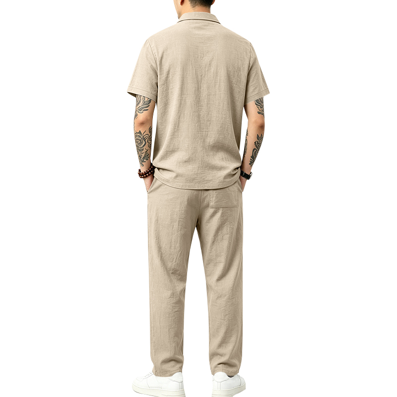 メンズ2ピースポロセット半袖襟付きポロシャツ＆ストレートロン - Short Linen Drawstring のレビューと価格