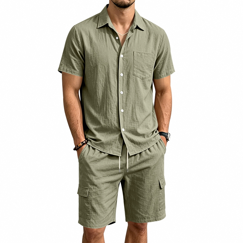 メンズ夏アメリカンリネンツーピースセット半袖シャツドロースト - Short Linen Drawstring のレビューと価格