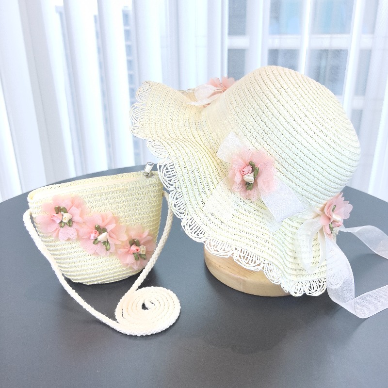 女の子用2ピース麦わら帽子、無地、アウトドア旅行用サンハット - Bucket Hat Straw のレビューと価格